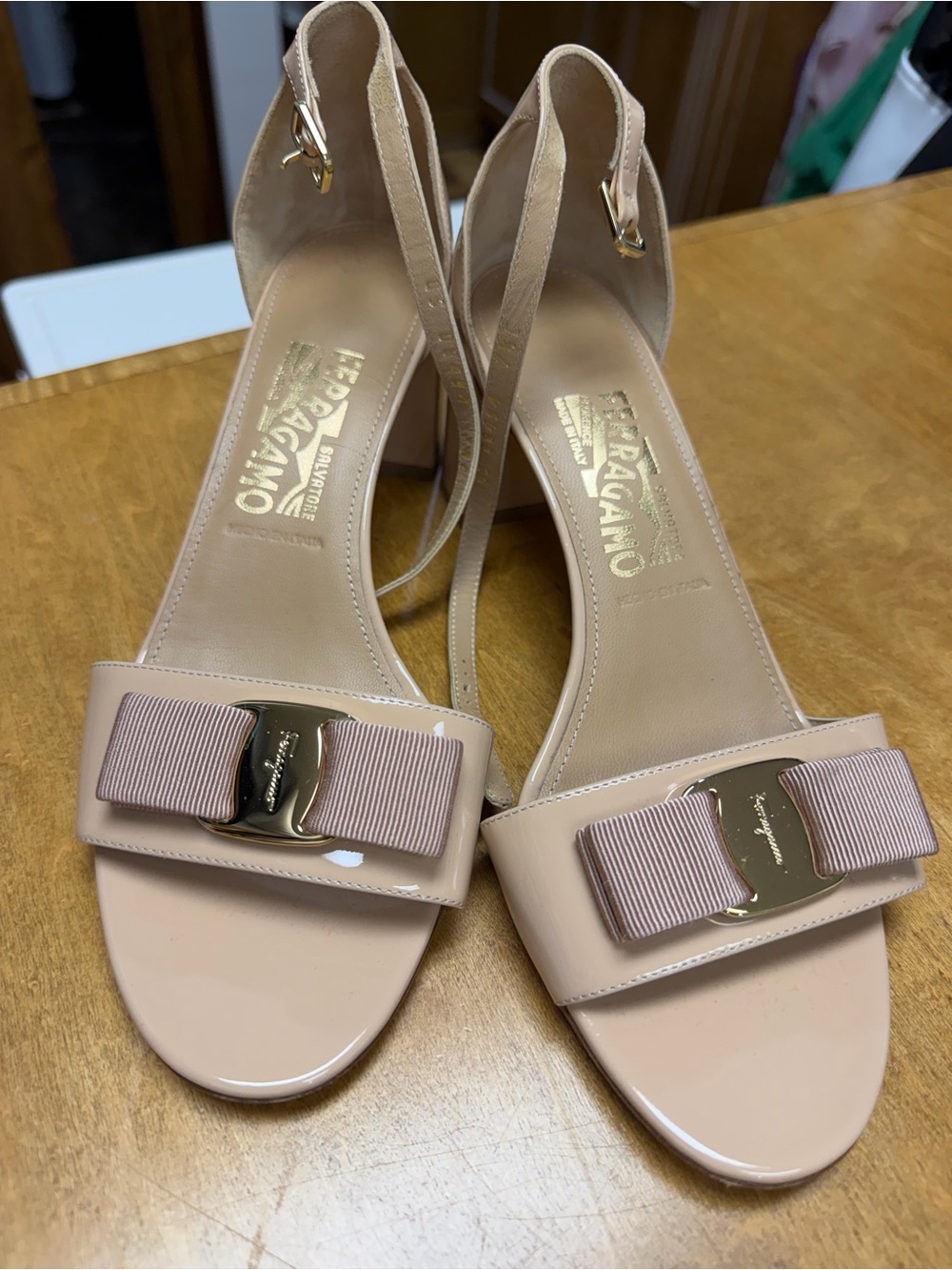 Salvatore Ferragamo Blush Patent Vara Bow Slingback Heels